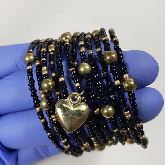 Black & Gold Beaded Wrap Bracelet – Multi-Strand with Gold Heart Charm, Jewelry - Picture 5 of 11